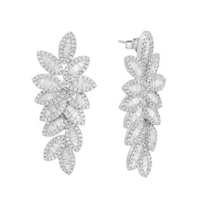 An image of a pair of Rachel Koen women's earrings with diamonds, displayed against a white background. The earrings are positioned vertically, side by side, with the left earring facing forward showing the full front view, and the right earring angled to present the side profile. Both earrings feature a leaf-like design with multiple baguette cut diamonds with round cut diamonds outline, creating a sparkling and intricate appearance in white gold. The image is taken from a medium distance allowing clear visibility of the earrings' detailed structure and shimmering stones.