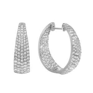 An image of a pair of Rachel Koen women's hoop earrings with diamonds, displayed against a white background. The earrings are shown in a front-facing view with one earring positioned vertically on the left, and the other angled slightly away on the right, creating a sense of depth. Both earrings are encrusted with small, round, sparkling diamonds set in white gold metal, covering the entire visible surface. The distance from the viewer is such that the earrings' intricate details and the reflective quality of the diamonds are clearly visible.