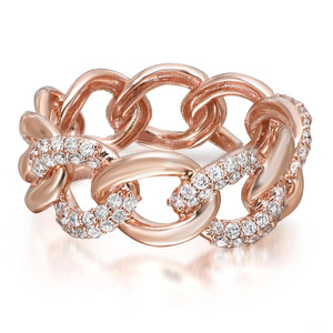 An image of a Rachel Koen women's ring with diamonds, showcased in a close-up view. The ring features a rose gold cuban links, with alternating twists encrusted with sparkling round cut diamonds. The photo is taken from a slightly elevated angle, emphasizing the shine and intricate details of the diamonds and the polished rose gold metal. The ring occupies the central position against a neutral background, ensuring the focus remains on the jewelry's elegance and craftsmanship.