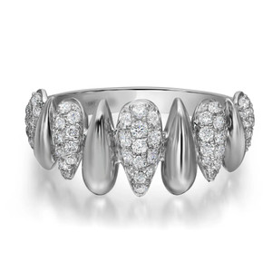 An image of a Rachel Koen brand women's ring with diamonds, displayed frontally at a close distance, filling the frame. The ring features a symmetrical design with alternating sections of smooth polished white gold metal and clusters of diamonds set in teardrop shapes. The diamonds are arranged in a continuous pattern halfway around the band. The photograph is taken from a straight-on angle, highlighting the sparkle of the diamonds and the shine of the metal. The ring appears to be on a white background, emphasizing its intricate details and luxurious appearance.