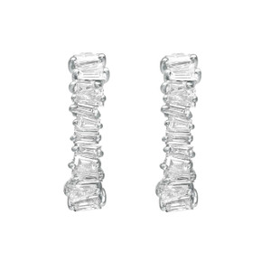 An image of a pair of Rachel Koen women's earrings with diamonds, displayed frontally on a white background. The earrings are vertically aligned and show a series of baguette cut diamonds stacked in a huggie design in white gold. The view is head-on, and the earrings are shown in close-up, with no other objects or distractions, providing a clear view of the jewelry's detail and craftsmanship.