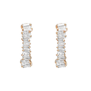 An image of a pair of Rachel Koen women's earrings with diamonds, displayed vertically and symmetrically against a white background. The earrings feature a series of baguette cut diamonds set in yellow gold huggie style earring. The view is front-facing with the earrings appearing equidistant from the viewer, showcasing the sparkle and design clearly.