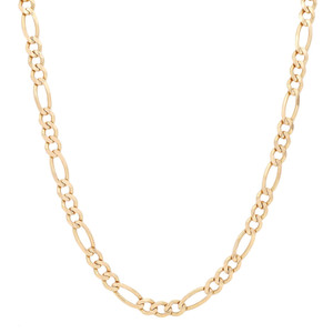 An image of a Rachel Koen brand unisex adult Figaro link chain necklace without stones. The necklace features a series of large, interlocking, polished 14 yellow gold links forming a continuous chain. The necklace is displayed against a white background in a close-up, centered view, showcasing its simplicity and elegance from a frontal angle. The links reflect light, emphasizing the smooth texture and golden hue of the metal. The condition of the chain is pre owned. 