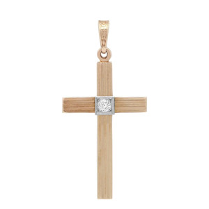 Front view of the yellow gold cross pendant with engraved vertical lines and a center round cut diamond studded in a white gold shank without chain