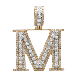 An image of a Rachel Koen brand unisex adult pendant with diamonds, featuring a large, lavishly embellished letter M pendant. The pendant is encrusted with numerous small, sparkling round cut diamonds, set within yellow gold. The diamonds are arranged in rows, accentuating the letter's shape. The pendant is shown in a frontal view, positioned centrally against a white background, and is shown at a close distance to highlight the intricate details of the gems and the design. The top of the pendant has a loop with a similarly diamond-encrusted bail, suggesting its attachment point to a necklace chain.
