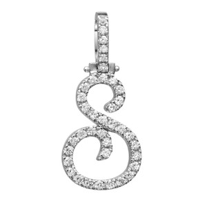An image of a Rachel Koen brand unisex adult pendant with diamonds, showcasing a pendant in the shape of an 'S' letter initial encrusted with multiple round-cut diamonds in white gold. The pendant is photographed in a straight-on view against a white background, positioned centrally and occupying the majority of the frame, providing a clear and detailed view of its design and the sparkling stones. The bail of the pendant, also adorned with diamonds, is at the top and aligned vertically with the pendant, suggesting how it would hang when worn.