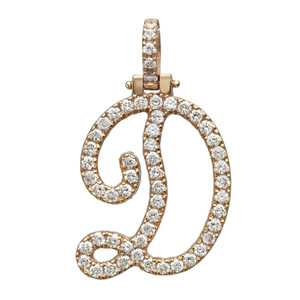 An image of a Rachel Koen brand unisex adult 'D' initial calligraphy pendant with diamonds, positioned centrally against a white background. The pendant is in a close-up front view, displaying intricate details and the sparkle of the many encrusted round diamonds. The design is a looping cursive letter in polished yellow gold, accentuated by the brilliant round-cut diamonds that line its entirety. The pendant is shown at a straight-on angle, providing a clear and detailed view of its craftsmanship.
