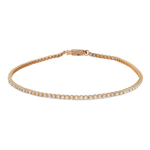 An image of a Rachel Koen unisex adult tennis bracelet with diamonds, displayed in a straight line at a direct front-facing angle. The bracelet features a row of sparkling prong set round cut diamonds set in yellow gold, with a clasp visible at the top center. The image is taken from a close-up perspective, showing the intricate details of the diamonds and the setting, highlighting the bracelet's elegance and craftsmanship.