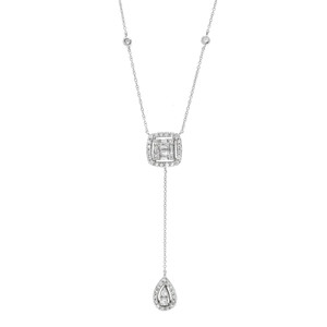 An image of a Rachel Koen brand lariat necklace designed for women, featuring baguette and round cut diamonds. The necklace is displayed against a white background in a straight, vertical position. At the top, a delicate chain with small, evenly spaced diamond accents leads to a central square pendant with a larger diamond in the middle, surrounded by a halo of smaller diamonds. From this centerpiece, a thin chain extends downwards, concluding with a teardrop-shaped pendant that encloses a smaller teardrop diamond within it, both outlined by round diamonds in white gold. The image is taken from a front-facing angle and the necklace is shown in its full length, providing a clear view of its design and details.