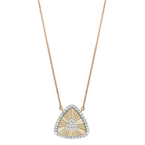 An image of a Rachel Koen women's pendant necklace with round cut diamonds, displayed against a white background. The necklace features a yellow gold chain with a front-facing pendant positioned centrally. The pendant is a triangular shape with rounded edges, adorned with a halo of small diamonds. The interior of the pendant has a fan-like design with a textured gold finish and a cluster of diamonds set in the middle. The necklace is shown in full view with the chain extending off the top edges of the image, suggesting a close to medium distance shot.