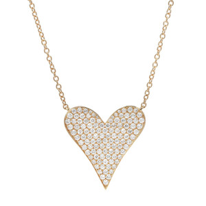 An image of a Rachel Koen women's pendant necklace featuring a heart-shaped pendant with numerous small round cut diamonds set within it, presented at a straight-on angle. The pendant is centrally positioned and attached to a delicate yellow gold chain, which is visible on both sides of the heart, indicating a frontal view. The distance is close, capturing the intricate details and the sparkle of the diamonds against the gold setting.