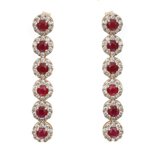 An image of a pair of Rachel Koen women's long drop earrings featuring a vertical alignment of round-cut ruby gemstones, each encircled by a halo of small round cut diamonds in yellow gold. The earrings are presented in a front-facing view against a white background, showing the intricate details and reflective qualities of the diamonds and rubies. The image is taken from a medium distance, allowing for a clear view of both earrings in their entirety.