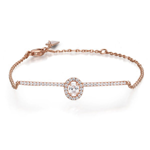 An image of a Messika women's Glam'Azone diamond chain bracelet, displayed on a white background. The bracelet features a rose gold chain with a central circular motif encrusted with smaller diamonds around a larger central diamond. The design includes a diamond-lined bar extending horizontally from the circle's perimeter. The bracelet is captured in a straight-on view, lying flat, and is positioned to display the full length and design details clearly from a medium distance.