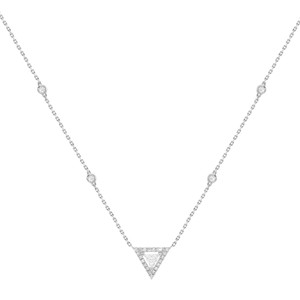 An image of a women's Messika Thea diamond chain 18k white gold necklace, displayed against a white background. The necklace features a delicate chain with evenly spaced, round-cut diamonds leading to a central, larger, triangle-shaped pendant encrusted with numerous smaller diamonds. The necklace is shown laid flat, with the chain forming a V-shape and the pendant positioned at the center bottom. 