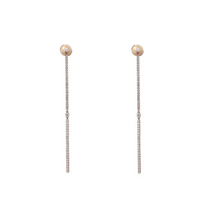 An image of a pair of Messika women's Barrettes Gatsby earrings with diamonds. Displayed on a white background, two vertical, slender, rose gold bar earrings with a series of small, round, prong-set diamonds sparkle along their length. At the top of each earring is a larger, bezel-set diamond. The earrings are positioned parallel to each other and captured from a front-facing angle, showing the full design and length clearly, with a medium-close distance providing detail and context.