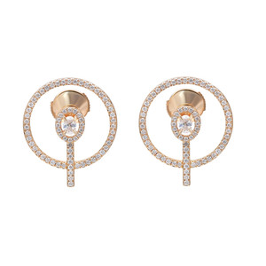 An image of a pair of women's Messika brand Glam'Azone stud 18k yellow gold earrings with diamonds, presented against a white background. The earrings feature a circular design with a central diamond, surrounded by smaller diamonds set in a halo pattern. The circles are attached to a diamond-encrusted bar that acts as the drop element of the earring. The earrings are positioned symmetrically, facing forward, with a medium-close perspective that provides a clear view of the intricate details and the reflective quality of the gold and diamonds.