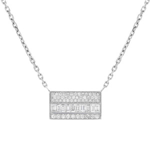 An image of a Messika brand Liz necklace designed for women, featuring a rectangular diamond 18k white gold pendant. The pendant showcases a mix of round and baguette-cut diamonds, meticulously set to catch the light. The necklace is photographed straight-on at a close distance, with the pendant centered and the chain extending symmetrically to both sides, allowing viewers to appreciate the sparkle and intricate design against a white background.