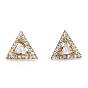 An image of a pair of Messika women's Thea stud earrings with diamonds. The earrings are crafted in a triangular shape with a close-up, front-facing view against a white background. The design features a central inverted triangular diamond framed by a halo of smaller round diamonds, all set in a yellow gold. The earrings are positioned side by side with equal distance between them, allowing for a clear and symmetrical presentation.