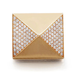 An image of a Messika brand Spiky Diamond cocktail ring designed for women, showcasing a square top view at a direct 90-degree angle with the camera positioned at a close distance to capture detail. The ring features a unique square face divided into four triangles, two polished 18k rose gold and two adorned with multiple small diamonds creating a sparkling pattern against the gold setting.