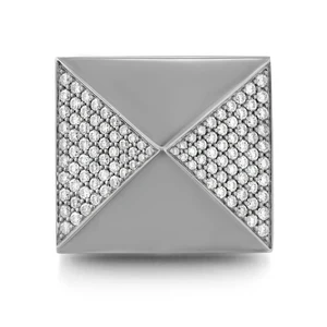 An image of a Messika brand women's cocktail ring with Spiky diamonds, shown in a close-up top view. The ring features a square-shaped design with a central, symmetric X pattern, where each quadrant is filled with sparkling diamonds. The ring is centered and fills the frame, displayed against a neutral, light gray background that highlights its intricate details and the brilliance of the diamonds.