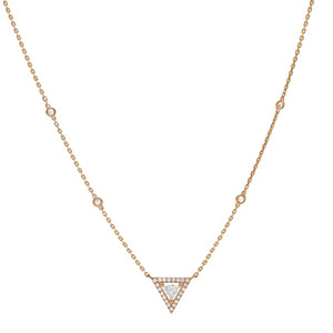 An image of a Messika brand women's Thea necklace with diamonds, displayed against a white background. The necklace features a delicate rose gold chain with evenly spaced, bezel-set diamonds leading to a prominent, triangle-shaped pendant at the center. This pendant is encrusted with numerous small diamonds arranged in pavé setting, creating a shimmering focal point. The image is taken from a direct front view, showcasing the necklace's design and the arrangement of diamonds in clear detail. The necklace is positioned horizontally across the frame, with the pendant centered and the chain extending to the left and right edges of the image, providing a view that emphasizes the necklace's symmetry and elegance.