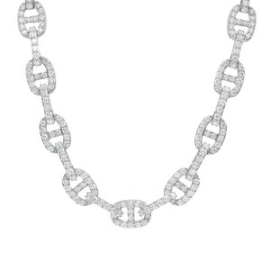 An image of a Rachel Koen women's necklace with diamonds, displayed at a close front view against a white background. The necklace features a series of interlocking links encrusted with small, sparkling round brilliant-cut diamonds in a prong setting. It shows the intricate details and the reflective quality of the diamonds set in 18K white gold.