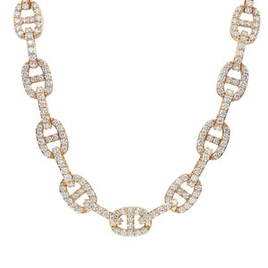 An image of a Rachel Koen necklace with diamonds for women, displayed against a neutral background. The necklace features interconnected yellow gold links, each encrusted with round-cut diamonds. The view is a close-up, top-down angle, showing the necklace in full from a frontal perspective, illustrating the sparkle and intricate design of the diamond setting. The necklace is positioned in a slight curve, enhancing the visibility of each link's detail.