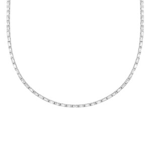 An image of a Rachel Koen-brand women's tennis necklace with diamonds, displayed against a white background. The necklace features a string of uniformly sized and spaced baguette cut diamonds, set in a white gold, forming a complete circle. The view is head-on, showing the necklace's full length and curve, with the focus evenly distributed across the entire piece. The necklace is centered in the frame and occupies a medium distance from the viewpoint, providing a clear view of its elegant design and the sparkle of the diamonds.