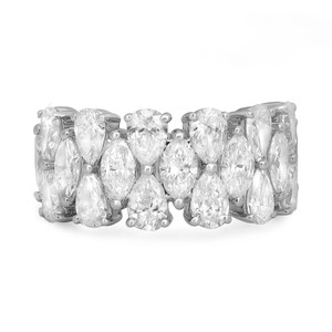 An image of a Rachel Koen women's ring with diamonds, displayed frontally with a slight elevation angle to highlight the multiple pear and marquise cut stones set halfway in a band design in white gold. The ring is centered and close-up, showing the intricate setting of the sparkling diamonds against a white background.