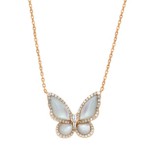 An image of a Rachel Koen women's necklace featuring a butterfly-shaped pendant with diamonds and moonstones. The pendant is centrally positioned and shown at a straight-on angle, with the camera at an equal distance from all parts of the necklace, ensuring a clear and symmetrical view. The necklace chain is made of yellow gold and is displayed against a neutral background, emphasizing the pendant's design and the sparkle of the gemstones.