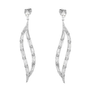 An image of a pair of Rachel Koen women's drop earrings with diamonds. The earrings are displayed against a white background in a frontal view with a slight angle to show depth. They feature an elongated, teardrop shape with multiple round-cut, baguette cut diamonds set in a linear pattern, diminishing in size towards the tapered end in white gold. The earrings are positioned parallel to each other, at an equal distance from the center, providing a symmetrical view.