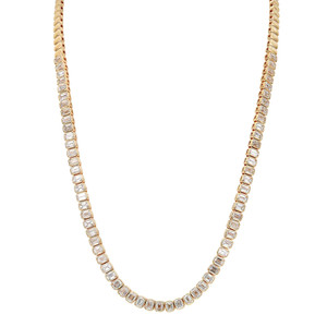 An image of a Rachel Koen women's necklace with diamonds, displayed against a white background. The necklace is in a slight U-shape at a front-facing angle showing its full length. It features a series of rectangular diamonds set in yellow gold, each diamond encased in an individual gold link in bezel setting. The piece is photographed from a medium distance, capturing the sparkle and detailing of the diamonds clearly.