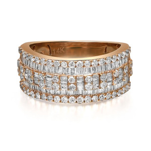 An image of a men's Rachel Koen brand ring with diamonds, prominently displayed in a close-up front view. The ring features multiple rows of diamonds set in a yellow gold band, with the "14K" hallmark visible. The diamonds are arranged in alternating rows of round and baguette cuts, creating a sparkling, textured appearance. The image is well-lit, highlighting the diamonds' brilliance and the metal's polished finish. The perspective is head-on, allowing for a clear view of the ring's detailed craftsmanship.
