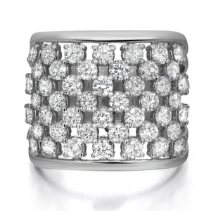 An image of a Rachel Koen brand women's ring with diamonds. The ring is photographed from a front-facing angle, centrally positioned, and occupies a large portion of the frame for a clear close-up view. It features multiple round-cut diamonds set closely together in a wide band, showcasing the brilliance and intricate setting of the stones in white gold. The background is neutral and blurred, keeping the focus on the ring's detailed craftsmanship.