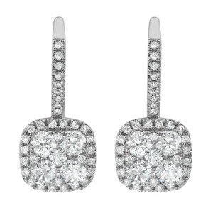 An image of a pair of Rachel Koen women's huggie drop earrings with diamonds. The earrings are displayed frontally and centered against a white background, with a close-up view that shows intricate details. Each earring features a row of small round diamonds set along the hinged top and square-shaped drop encrusted with multiple sparkling round cut diamonds in a pavé setting, with larger diamonds prominently placed at the center in white gold. The earrings are designed to hang vertically and are positioned parallel to each other, reflecting light to emphasize their brilliance.