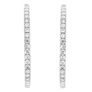 An image of a pair of Rachel Koen women's hoop earrings with diamonds, presented on a white background. The earrings are aligned vertically, showcasing a close frontal view with no angle, allowing clear visibility of the sparkling round cut diamonds set in a straight line in white gold. The image is taken from a medium distance, ensuring each diamond's cut and setting is visible.