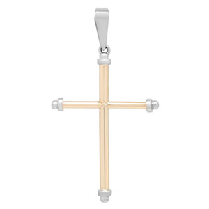 An image of a unisex adult necklace by Rachel Koen, featuring a simple and elegant cross pendant without stones. The pendant is displayed in a straight-on frontal view against a white background, with the vertical bar of the cross oriented directly up and down and the horizontal bar perfectly perpendicular, creating a symmetrical plus sign shape. The cross has a polished with 14K yellow gold gold with 14K white gold caps at the end of each arm, and is attached to a matching bail suitable for a chain. 