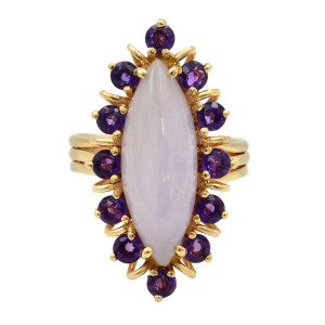 An image of a Rachel Koen women's cocktail ring with Natural Chalcedony with Amethyst stones, shown in a straight-on view against a white background. The ring features a large, marquise-cut central Natural Chalcedony in a milky translucent hue, prong-set and surrounded by smaller round-cut Amethysts in a halo design. The band and setting are crafted in 18k yellow gold, and the ring is positioned to display the design details clearly from a frontal perspective.