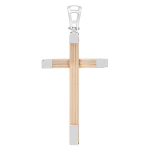 An image of a Rachel Koen brand unisex adult necklace without stones, featuring a two tone, 14k yellow and white gold, stripped cross pendant with a textured vertical bar and smooth horizontal arms. The pendant is centrally positioned against a white background, viewed from a front angle and appears at close distance for clear detail visibility. The clasp at the top suggests it is designed to hang vertically. The condition of the item is pre owned.
