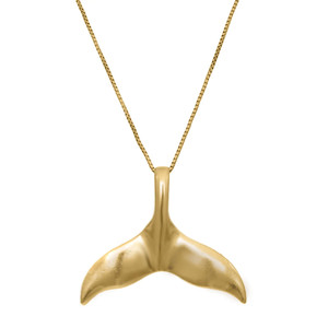 An image of a unisex adult Rachel Koen brand pendant necklace without stones, featuring a polished yellow gold whale tail pendant with a smooth finish. The pendant is centrally positioned at a straight-on angle against a white background, suspended by a delicate gold chain that displays a slight texture. The chain leads off the top edges of the frame, suggesting that the necklace extends beyond the captured image. The distance is such that the pendant is the focal point, capturing the simplicity and elegance of the design.