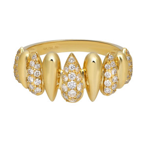 An image of a Rachel Koen women's ring with diamonds displayed at a front-facing angle, centered horizontally. The ring features a polished 18k yellow gold band with a series of alternating smooth and round cut diamond-encrusted teardrop shapes. The diamonds are set close together, creating a sparkling cluster effect. The image is taken from a close distance, highlighting the intricate details and craftsmanship of the ring.