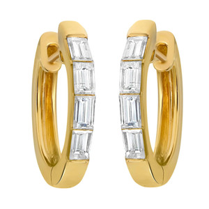 An image of a pair of Rachel Koen unisex huggie earrings with baguette cut diamonds, displayed frontally at a close distance. The earrings are hoop-shaped with a lustrous yellow gold finish, and feature a vertical row of baguette-cut diamonds set along the front angle of each hoop.