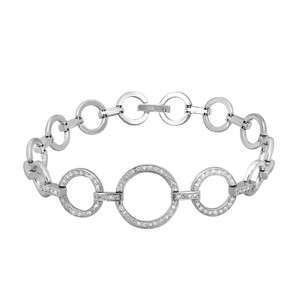An image of a Rachel Koen unisex adult bracelet with diamonds, displayed against a white background. The bracelet is arranged in a horizontal line, slightly angled to show depth, with the left side appearing closer to the viewer than the right. It features a series of interlocking circles, encrusted with round cut diamonds in white gold, capturing light at various angles to highlight the stones' brilliance. The bracelet's clasp is visible and is open, with "14K" engraved indicating the metal's purity. The diamonds are meticulously placed along the three central circular links, which are the focal points of the design. The overall perspective is a close-up, providing a clear view of the craftsmanship and the sparkling details.