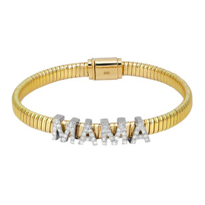 An image of a Rachel Koen women's bracelet with round cut diamonds, displayed in a close-up, front-facing view against a white background. The bracelet features a yellow gold flexible band with a smooth, metallic finish. In the center, the word "MAMA" is spelled out in bold, capital letters, each adorned with sparkling natural diamonds studded in white gold, contrasting with the golden hue of the band. The bracelet is clasped with a golden, rectangular box clasp, visible on the top of the image. The photo is taken at a direct angle and centered, highlighting the details of the diamonds and the reflective quality of the gold band.