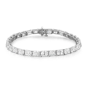 An image of a Rachel Koen unisex adult tennis bracelet with lab grown diamonds, displayed against a white background. The bracelet is shown in a straight line from a top-down perspective, allowing a clear view of the individual radiant cut diamonds and the intricate clasp mechanism in white gold. The diamonds are set in a symmetrical pattern, and the bracelet is positioned centrally, occupying the full width of the frame, offering a close-up view that highlights the sparkle and detail of the stones.