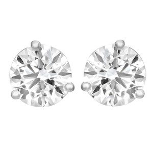 An image of a pair of Rachel Koen unisex adult stud earrings with lab grown diamonds. The earrings are displayed front-facing, centered, and at a close-up angle to showcase the sparkling facets of the large, round-cut diamonds in three prong setting in white gold. Each earring features a small, spherical attachment at the top, likely indicating the point of connection to the ear. The background is a solid, neutral color to emphasize the earrings' clarity and brilliance.