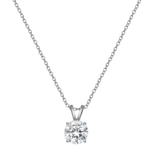An image of a Rachel Koen brand necklace designed for women, showcasing a solitary, round-cut lab grown diamond pendant. The diamond is centrally positioned and set in a simple, elegant prong setting which hangs from a white gold link chain. The image is taken from a front-facing angle that provides a clear and unobstructed view of the necklace, with the chain extending symmetrically on either side, leading to the sparkling diamond in the center. The shot is a close-up, emphasizing the diamond's brilliance and the necklace's fine craftsmanship.