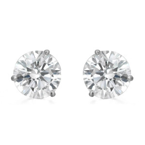 An image of a pair of Rachel Koen brand unisex adult earrings with lab grown diamonds. The earrings are presented in a frontal view with a close-up angle, allowing for a clear view of the round brilliant-cut diamonds and their prong settings in white gold. The diamonds are near the center of the frame, positioned side by side, reflecting light with multiple facets visible.