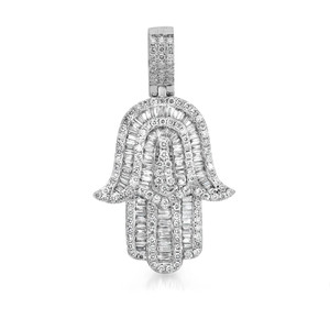 An image of a Rachel Koen brand unisex hamsa pendant with diamonds, showcased head-on against a white background. The pendant is intricately designed with multiple rows of sparkling round and baguette cut diamonds, arranged in a symmetric, cascading pattern that resembles a stylized palm or hamsa. The diamonds are set in a polished white gold metal, with the closest part of the pendant appearing slightly larger due to the perspective, suggesting a slight elevation towards the viewer. The pendant is attached to a matching diamond-encrusted bail, indicating where it would hang from a chain. The overall composition is centered and the piece is presented in a close-up view to highlight the details and craftsmanship.