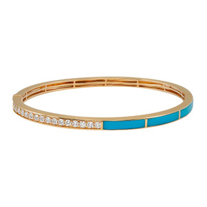 An image of a Rachel Koen women's bracelet with diamonds, presented in a close-up side view. The bracelet features a slim gold band with an inset row of sparkling round cut diamonds flanked by turquoise enamel sections, creating a sleek and elegant design in yellow gold. The bracelet is positioned horizontally against a white background, allowing a clear view of its details and craftsmanship.